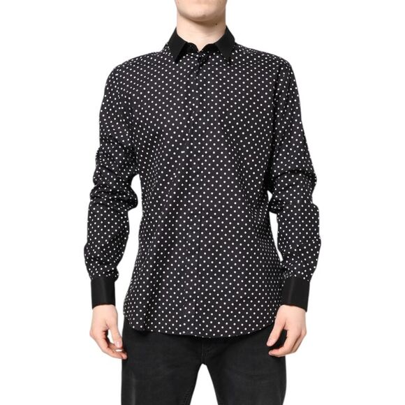 Dolce & Gabbana Black Polka Dot Cotton Formal Dress Men's Shirt